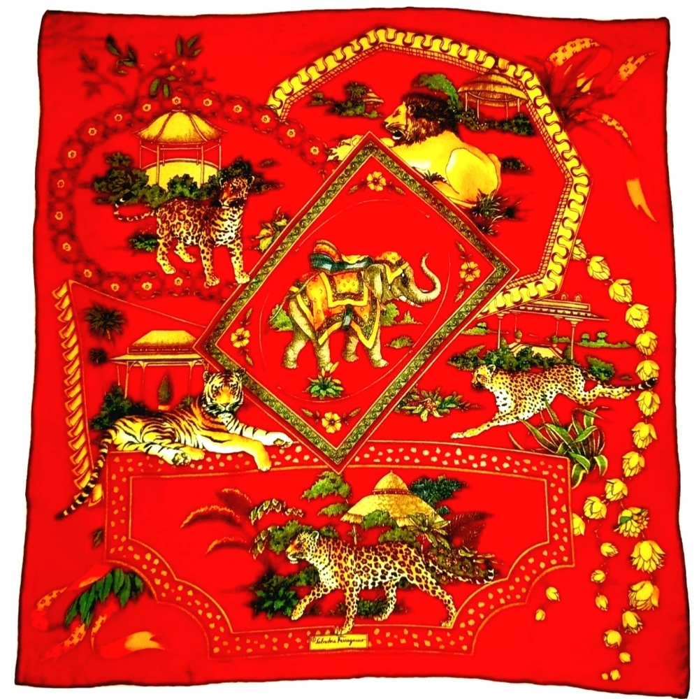 Vtg Salvatore Ferragamo Silk Scarf Jungle Animals